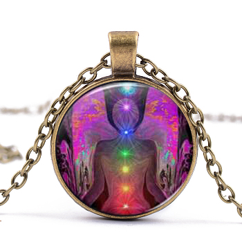 Chakra Theme Yoga Human Glass Pendant Necklace, Alloy Jewelry for Women, Antique Bronze, 15.75 inch~19.72 inch(40~50.1cm)
