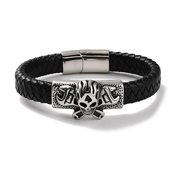Men's Braided Black PU Leather Cord Bracelets, Halloween Skull 304 Stainless Steel Link Bracelets with Magnetic Clasps, Antique Silver, 8-5/8 inch(21.8cm)