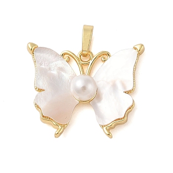 Brass Pave Shell Pendants, Butterfly Charms with ABS Imitation Pearl & Snap on Bails, Real 18K Gold Plated, 21.5x26.5x7.5mm, Hole: 6x3.5mm