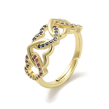 Real 18K Gold Plated Brass Micro Pave Cubic Zirconia Adjustable Rings, Heart, Mixed Color, US Size 8 1/4(18.3mm)