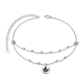 SHEGRACE Rhodium Plated 925 Sterling Silver Charm Anklets, with Plastic, Cable Chains and Round Beads, Hexagon with Fishtail Shape, Platinum, 8-1/4 inch(21cm)