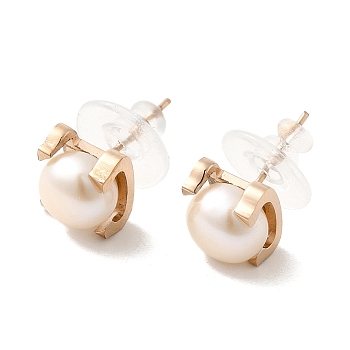 Natural Pearl Stud Earrings, 304 Stainless Steel Earrings, Light Gold, 8x9.5mm