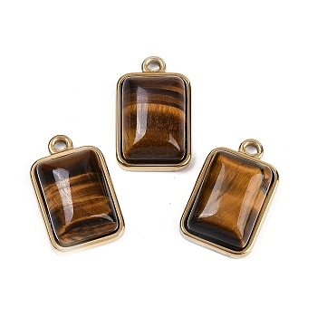 Natural Tiger Eye Pendants, with 304 Stainless Steel Findings, Rectangle Charms, Golden, 19.5x12x6~6.5mm, Hole: 1.7mm