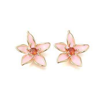 Brass Enamel Pendants, with Glass, Real 18K Gold Plated, Flower Charm, Pink, 19x16x5mm, Hole: 1mm