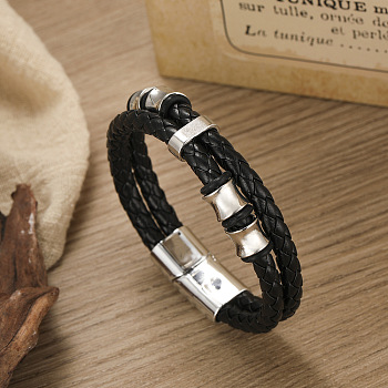 Imitation Leather Double Layer Multi-strand Bracelets, with Alloy Magnetic Clasp, Platinum, 8-1/4 inch(21cm)