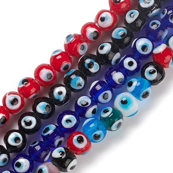 Handmade Evil Eye Lampwork Bead Strands, Round, Mixed Color, 8~8.5x7.5~8.5mm, Hole: 1.6mm, about 50pcs/strand, 13.98~14.25''(35.5~36.2cm)