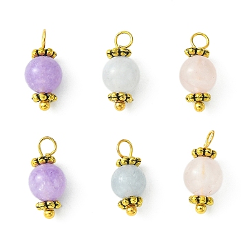 Natural Mixed Gemstone Round Charms, with Antique Golden Plated Alloy Daisy Spacer Beads and Brass Loops, Mixed Color, 14x6mm, Hole: 2mm