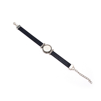 PU Leather Cord Bracelet Making, with Alloy Cabochon Settings, Findings and Watch Bands, Midnight Blue, Tray: 23mm, 7.80 inch(19.8cm)