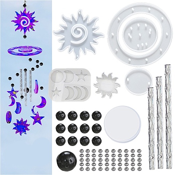 DIY Sun & Moon & Star Wind Chime Making Kits, including 5Pcs Silicone Molds, 13Pcs Plastic Beads, 1Pc Stainless Steel S Hooks, 1 Roll Crystal Thread, 3Pcs Round Tubes, White