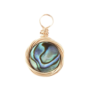 Natural Abalone Shell/Paua Shell Pendants, with Copper Wire, Flat Round, Real 18K Gold Plated, 17x10.5x2.5mm, Hole: 3mm