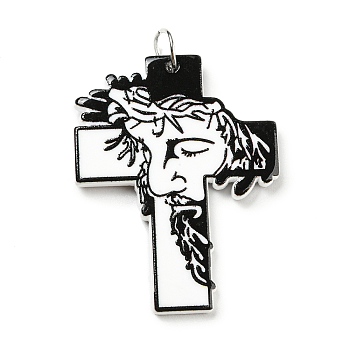 Embossed Printed Acrylic Pendants, with Iron Jump Ring, Cross with Man Pattern, Black, 40.5x30.5x2.5mm, Hole: 5mm