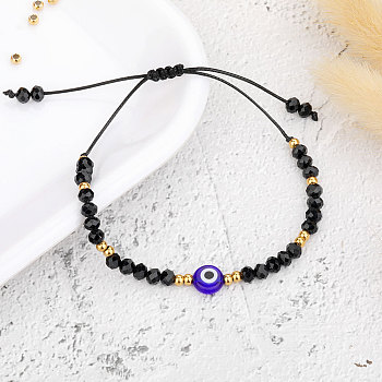 Adjustable Glass Evil Eye Brided Bead Bracelet, Black, 