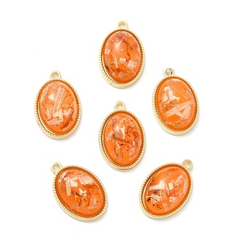 Resin Foil Pendants, with Light Gold Tone Alloy Findings, Oval, Dark Orange, 23.5x15.5x7.5mm, Hole: 1.6mm