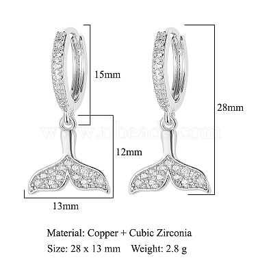 Clear Cubic Zirconia Whale Tail Dangle Hoop Earrings(EJEW-OY001-19P)-2