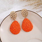 Bohemian Style Raffia & Iron Dangle Stud Earrings, Teardrop, Golden, Orange Red, 65x29mm(FS-WGF5ABF-02)