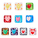10Pcs 10 Colors Handmade Lampwork Enamel Beads, Hand Painted Beads, Square with Heart, Mixed Color, 15~16x14.5~15x8~8.5mm, Hole: 1.6mm, 1pc/color(LAMP-TA0002-57)