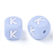 Food Grade Eco-Friendly Silicone Beads, Horizontal Hole, Chewing Beads For Teethers, DIY Nursing Necklaces Making, Letter Style, Cube, Light Sky Blue, Letter.K, 10x10x10mm, Hole: 2mm(SIL-R011-10mm-02K)