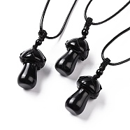 Natural Obsidian Mushroom Pendant Necklace, Wax Rope Macrame Pouch Braided Necklace for Women, 29.92 inch(76cm)(NJEW-E065-01E)