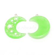 Resin Pendants, with Iron Loop, Moon with Star, Pale Green, 39x33x6.2mm, Hole: 2mm(RESI-CJC0013-01D)