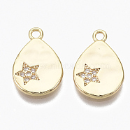 Brass Micro Pave Cubic Zirconia Pendants, Nickel Free, teardrop, with Star, Real 18K Gold Plated, Clear, 16x11x1.5mm, Hole: 1.6mm(KK-R132-053-NF)