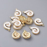 Brass Enamel Pendants, with Acrylic Pearl and Rhinestone, Conch Shape, Real 18K Gold Plated, White, 16.5x11x4.4mm, Hole: 1mm(KK-I661-01G-A)