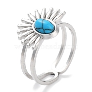 Ion Plating(IP) 304 Stainless Steel Ring, Synthetic Turquoise Rings, Flower, 15.5x12.5mm, Inner Diameter: Adjustable(RJEW-B059-01P-04)