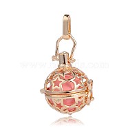 Golden Plated Brass Hollow Round Cage Pendants, with No Hole Spray Painted Brass Round Beads, Pink, 35x25x21mm, Hole: 3X8mm(KK-J226-14G)
