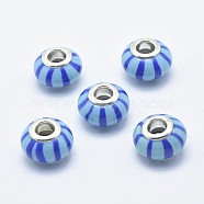 Handmade Polymer Clay European Beads, with Silver Color Plated Brass Cores, Large Hole Beads, Rondelle with Stripe Pattern, Deep Sky Blue, 13~16x8~11mm, Hole: 4.5~5mm(CLAY-K002-E04)