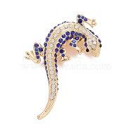 Rhinestone Lizard Badge, Animal Alloy Lapel Pin for Backpack Clothes, Golden, Sapphire, 56x37x6.5mm, Pin:0.7mm(JEWB-E013-03G-01)