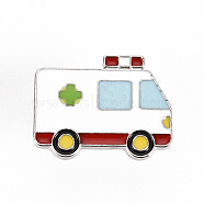 Alloy Enamel Brooches, Enamel Pins, with Brass Butterfly Clutches, Ambulance, Cadmium Free & Nickel Free & Lead Free, Platinum, White, 3/4x1 inch(19x24.5mm), Pin: 1mm(JEWB-S011-103-NR)