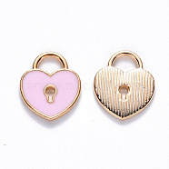 Alloy Enamel Charms, Heart Lock, Light Gold, Pink, 13x11x1.5mm, Hole: 3x4mm(X-ENAM-S121-039B)