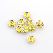 Brass Rhinestone Spacer Beads, Grade B, Clear, Golden Metal Color, Size: about 6mm in diameter, 3mm thick, hole: 1mm(X-RSB036-B01G)