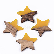 Transparent Resin & Wood Pendants, Star, Yellow, 26x28x4mm, Hole: 1.6mm(X-RESI-T023-23-B02)
