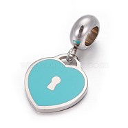 304 Stainless Steel European Dangle Charms, with Enamel, Large Hole Pendants, Heart Lock, Stainless Steel Color, Turquoise, 24.5mm, Hole: 4.5mm, Pendant: 15x13.5x1.3mm(OPDL-L013-38B)