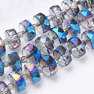 Electroplat Glass Beads Strands, Rainbow Plated, Faceted, Rondelle, Blue, 8x5mm, Hole: 1.2mm, about 80pcs/strand, 22.83 inch(X-EGLA-Q092-8mm-D06)