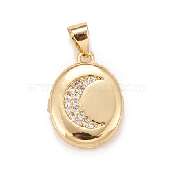 Brass Micro Pave Cubic Zirconia Locket Pendants, Photo Frame Charms for Necklaces, Real 18K Gold Plated, Lead Free & Cadmium Free, Oval with Moon, Clear, 18.5x13.5x4.5mm, Hole: 4x3mm, Inner Diameter: 12x9mm(KK-A161-40A-G)