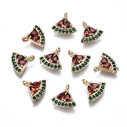 Brass Micro Pave Colorful Cubic Zirconia Charms, Long-Lasting Plated, Cadmium Free & Lead Free, Watermelon, Light Gold, 8x9x2.5mm, Hole: 1.2mm(KK-S359-086-RS)