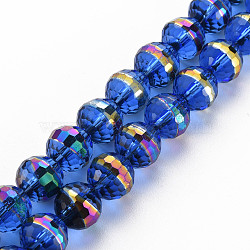 Electroplate Transparent Glass Beads Strands, Rainbow Color Plated, Faceted, Round, Blue, 10x9.5mm, Hole: 1.4mm, about 39~40pcs/strand, 14.17 inch~14.57 inch(36~37cm)(EGLA-N006-031-A05)
