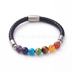 Chakra Jewelry, Unisex Braided Leather Cord Bracelets, with Natural & Synthetic Gemstone Beads, Resin Beads, 304 Stainless Steel Magnetic Clasps and Cardboard Packing Box, Black, 8-1/4 inch(21cm)(BJEW-JB04854)