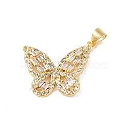 Brass Micro Pave Cubic Zirconia Pendants, with Glass, Real 18K Gold Plated, Butterfly, Clear, 18.5x22.5x3mm, Hole: 4.5x3.5mm(KK-E111-38G-02)