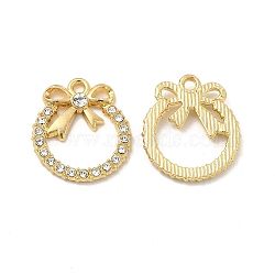 Alloy Crystal Rhinestone Pendants, Ring Charms with Bowknot, Nickel, Light Gold, 20x18x2.5mm, Hole: 1.8mm(FIND-H039-57LG)