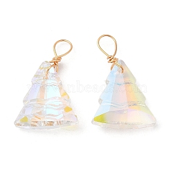 Glass Pendants, with Light Gold Brass Loops, Christmas Tree Charms, Lavender, 21~22x13~13.5x5~5.5mm, Hole: 5x3.5mm(KK-Q777-08LG-02)