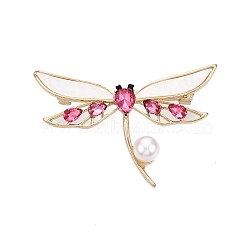 Alloy Rose Rhinestone & Acrylic Dragonfly Brooch Pins with ABS Pearl for Clothes Backpack, Light Gold, 32.5~33x56~56.5x10mm(JEWB-T005-05KCG)