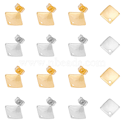 304 Stainless Steel Stud Earring Findings, with Ear Nuts & Loop, Rhombus, Golden & Stainless Steel Color, 13.5x13.5mm, Hole: 1.6mm, Pin: 0.8mm, 20pair/box(STAS-UN0013-31)