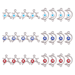 DICOSMETIC 24Pcs 6 Styles 304 Stainless Steel Enamel Connector Charms, Moon/Star with Evil Eye, Stainless Steel Color, Mixed Color, 16~20.5x12~13.5x3mm, Hole: 1.6~1.8mm, 4pcs/style(STAS-DC0010-36)
