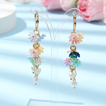 Resin & ABS Imitation Pearl Leverback Earrings, Flower, Real 24K Gold Plated, 64.5mm