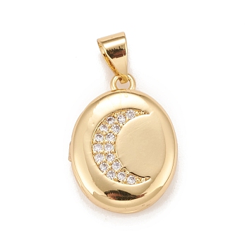 Brass Micro Pave Cubic Zirconia Locket Pendants, Photo Frame Charms for Necklaces, Real 18K Gold Plated, Lead Free & Cadmium Free, Oval with Moon, Clear, 18.5x13.5x4.5mm, Hole: 4x3mm, Inner Diameter: 12x9mm