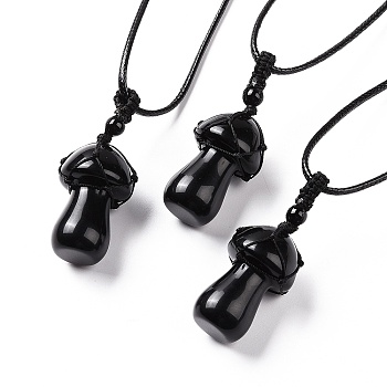 Natural Obsidian Mushroom Pendant Necklace, Wax Rope Macrame Pouch Braided Necklace for Women, 29.92 inch(76cm)