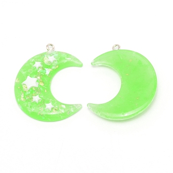 Resin Pendants, with Iron Loop, Moon with Star, Pale Green, 39x33x6.2mm, Hole: 2mm
