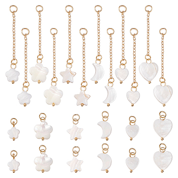 48Pcs 12 Styles Natural Freshwater Shell Pendants, Natural Trochid Shell/Trochus Shell Charms, with Golden Tone Brass Chain, Moon & Star & Heart & Flower, Golden, 17~52mm, Hole: 3.5mm, 4pcs/style